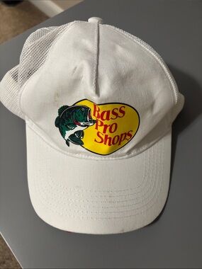 Bass Pro Shops White Hat with Yellow Logo and Green Bass Graphic